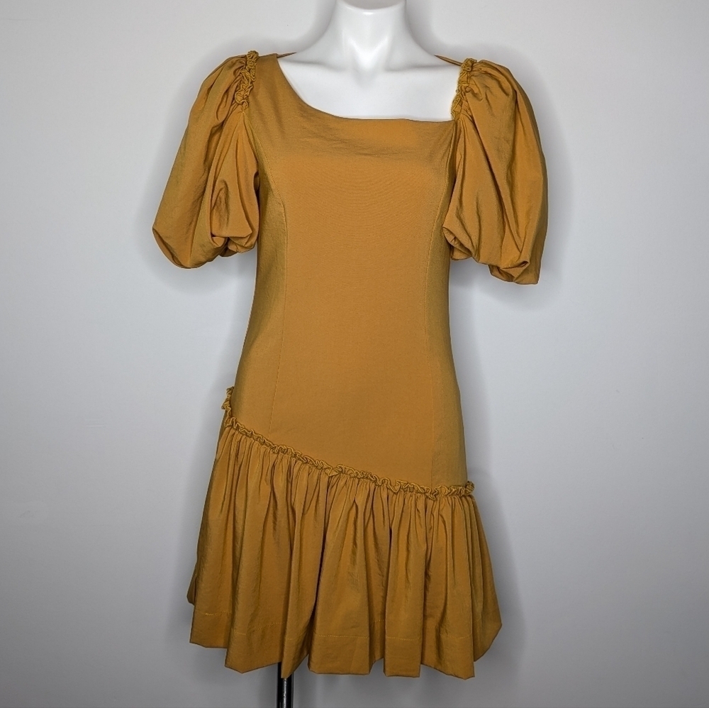 NWT Line And Dot Mustard Yellow Asymmetrical Knee Length Short Sleeve Dress S